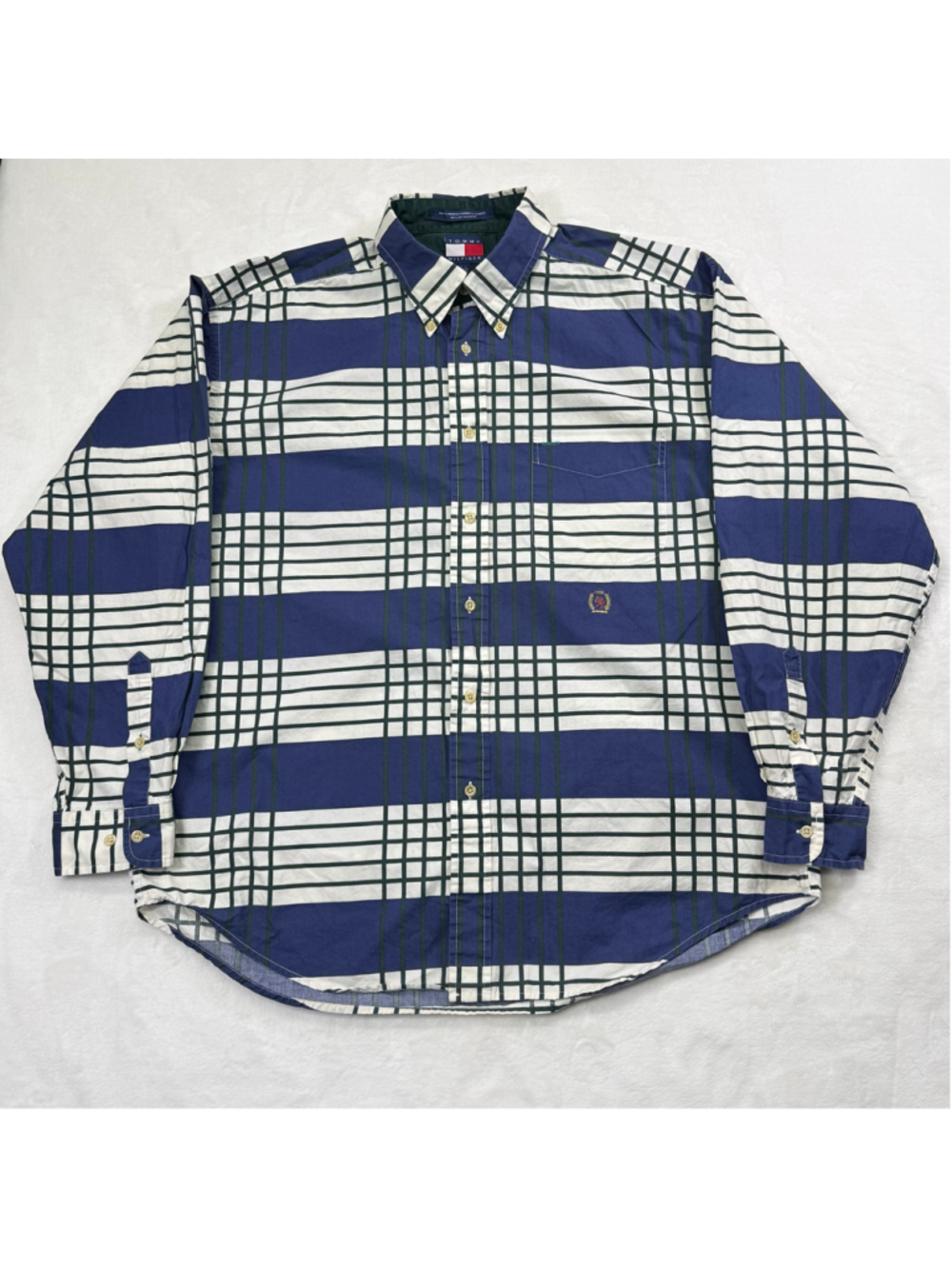 Men's Tommy Hilfiger Casual Button Down Plaid Shirt Large Blue White Embroidered